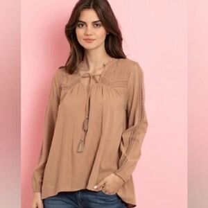 Mocha Lace Trimmed Long Sleeve Blouse